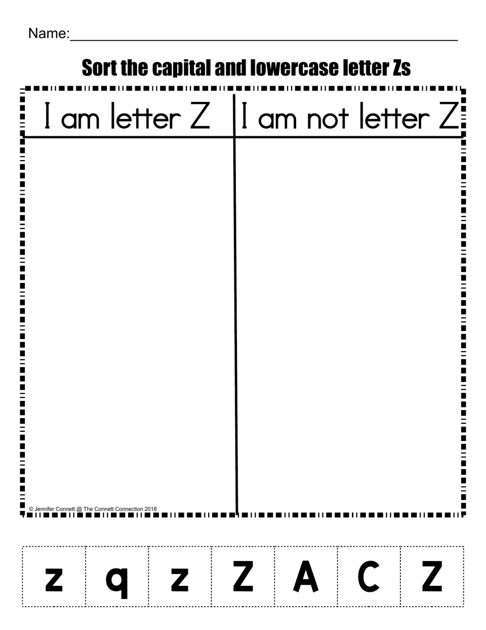 Letter Z sort: students cut out letter tiles z, q, Z, A and C and glue each under I am letter Z or I am not letter Z