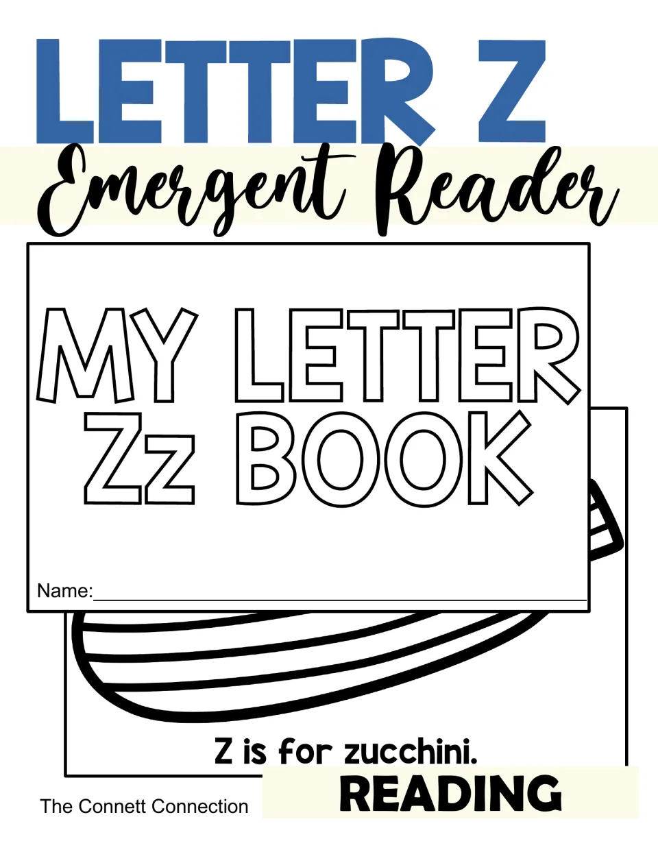 Letter Z Emergent Reader cover showing the My Letter Zz Book title page and a zucchini page reading Z is for zucchini