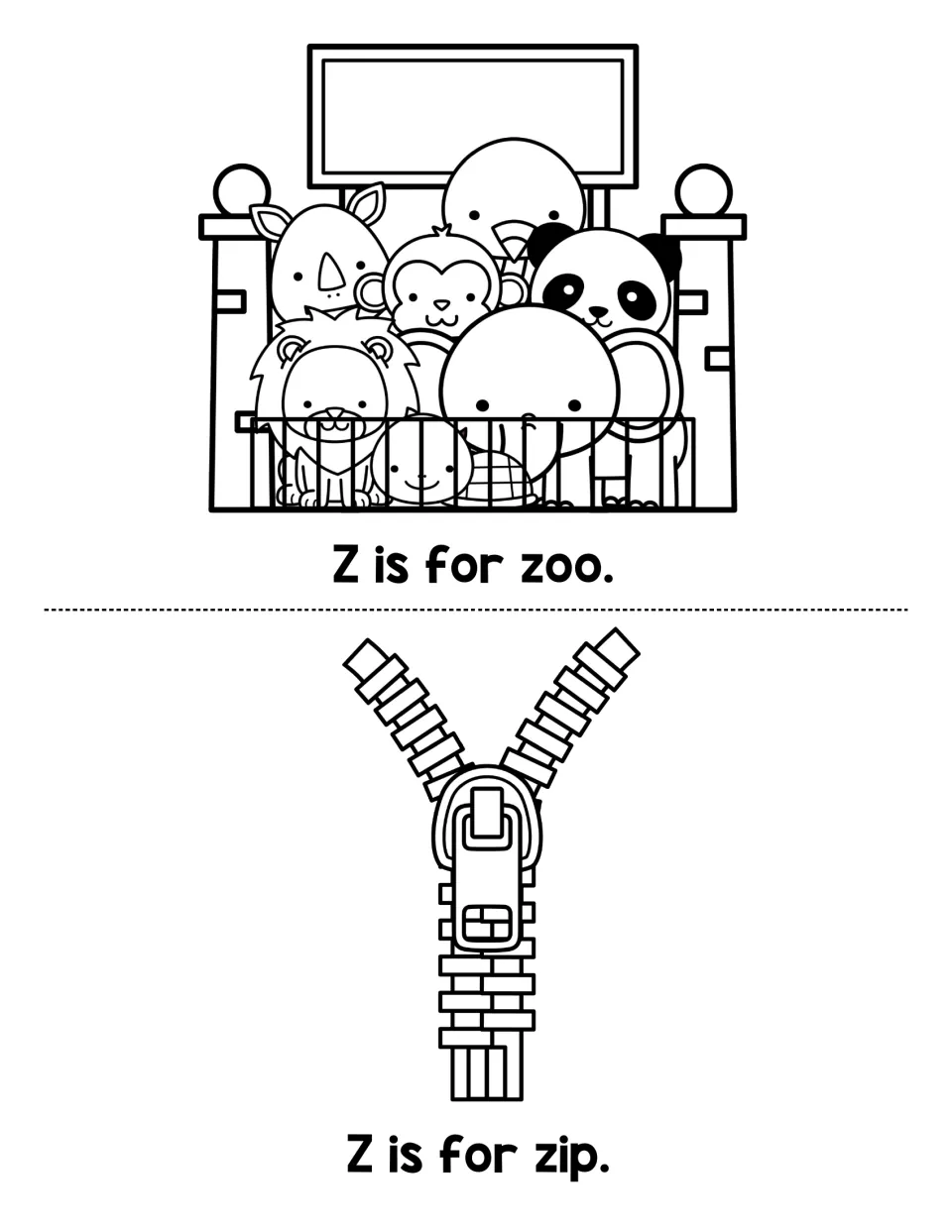 Z sound practice: students read Z is for zoo, with zoo animals behind a gate, and Z is for zip, with a zipper to color