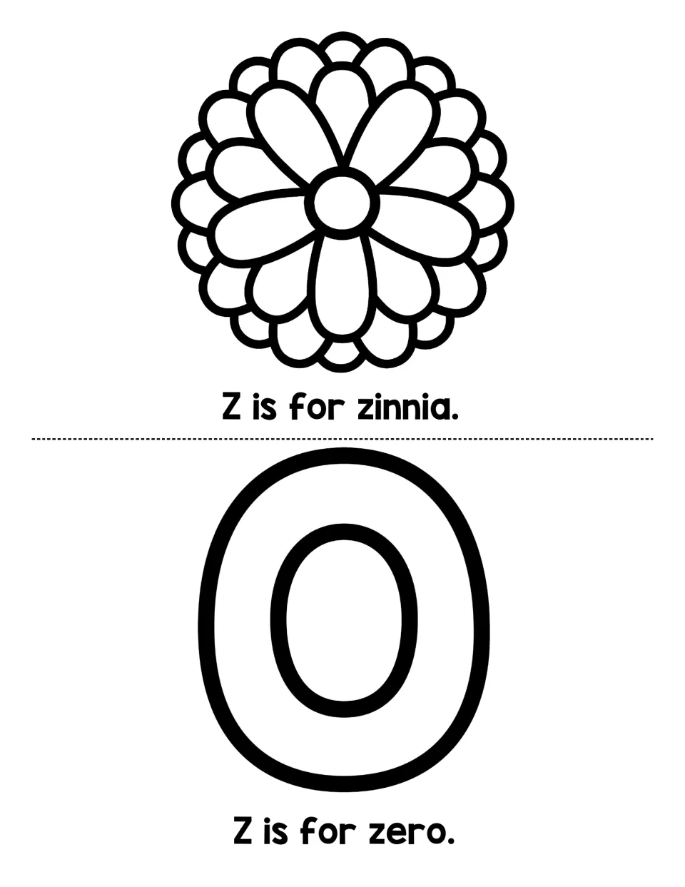 Initial Z words: students read Z is for zinnia beside a flower and Z is for zero beside a large 0, then color each picture
