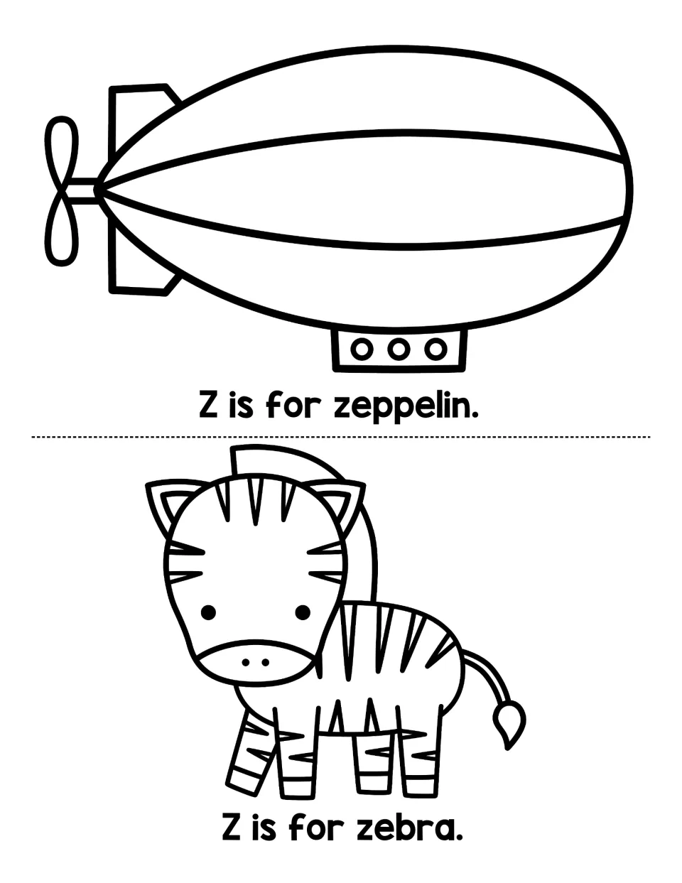 Zeppelin and zebra page: students read Z is for zeppelin and Z is for zebra, then color the airship and the animal