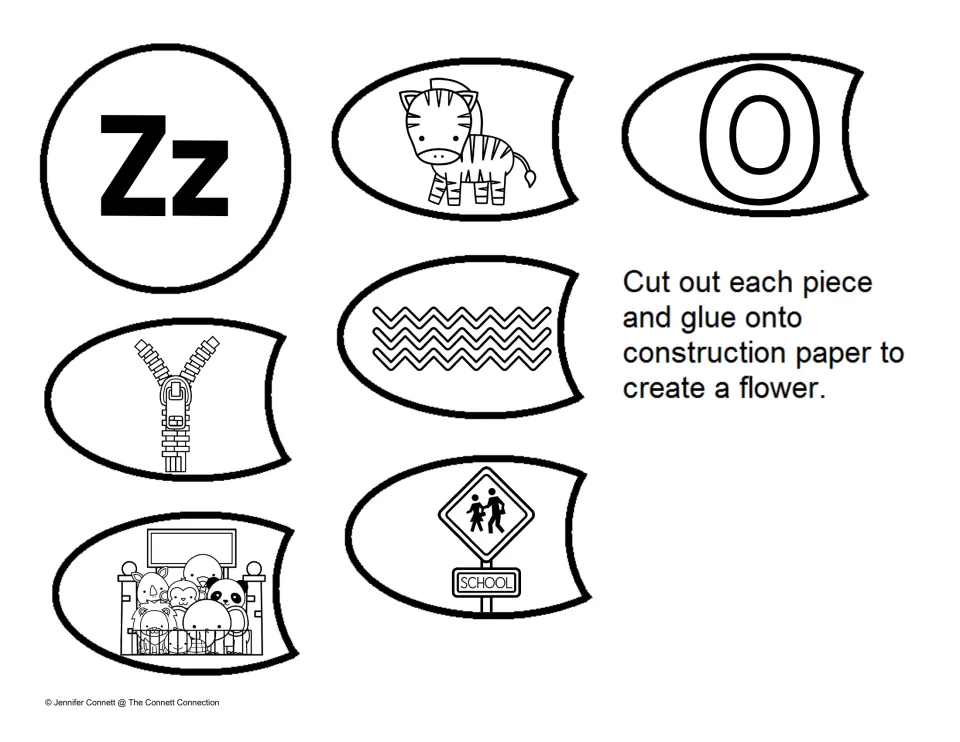 Letter Z sounds: students cut out a Zz center and petals showing zebra, zero, zigzag, zipper, zoo and school zone sign