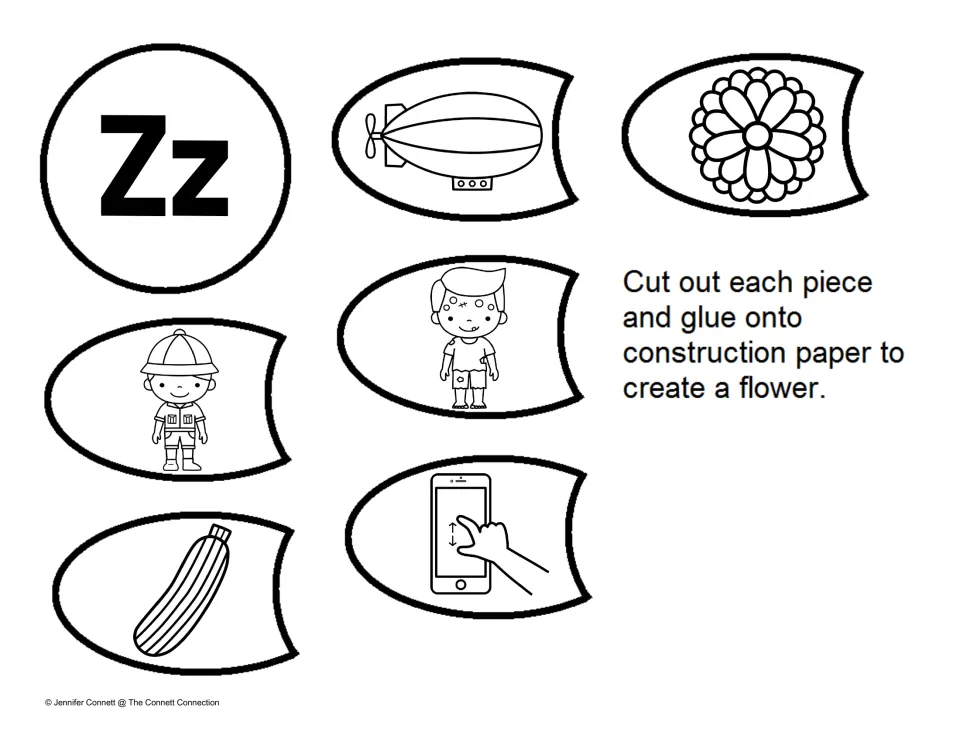 Beginning sound Z: Zz flower center with petals of a zeppelin, zinnia, zombie, zookeeper, zucchini and zooming on a phone