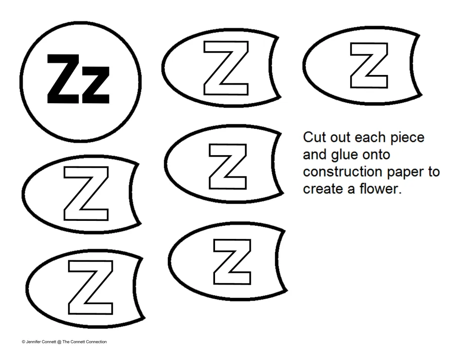 Letter Z recognition: students cut out a Zz circle and six petals each with an outline capital Z, then glue a flower