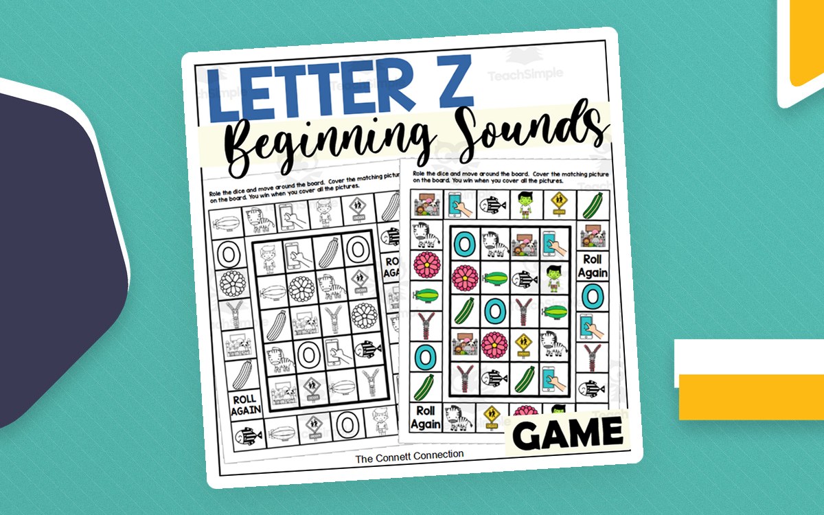 Letter Z Games preview: Two roll-and-cover picture-matching gameboard pages with matching format