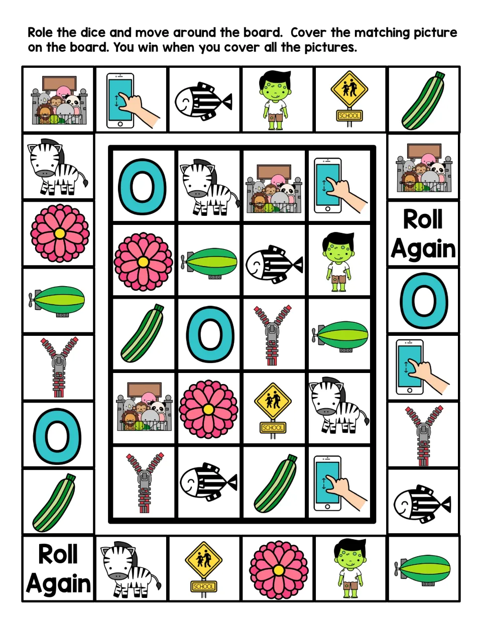 Color letter Z roll-and-cover game: students move around the board and cover matching pictures like zebra, zipper and zero