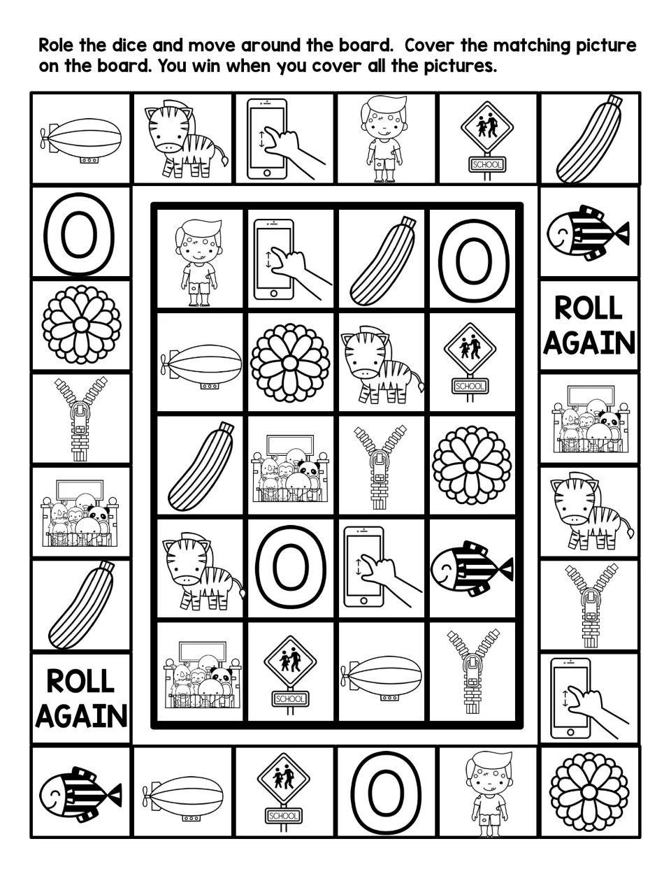 Black-and-white letter Z roll-and-cover game: students cover matching pictures like zucchini, zeppelin and zinnia