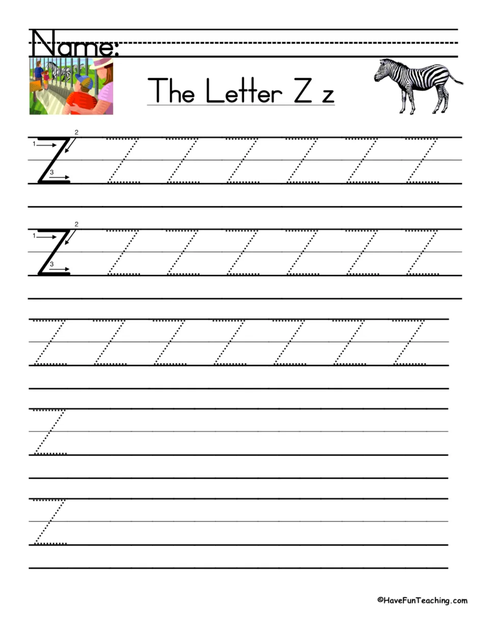 Uppercase Z handwriting practice with numbered stroke directions, repeated tracing, and independent writing.