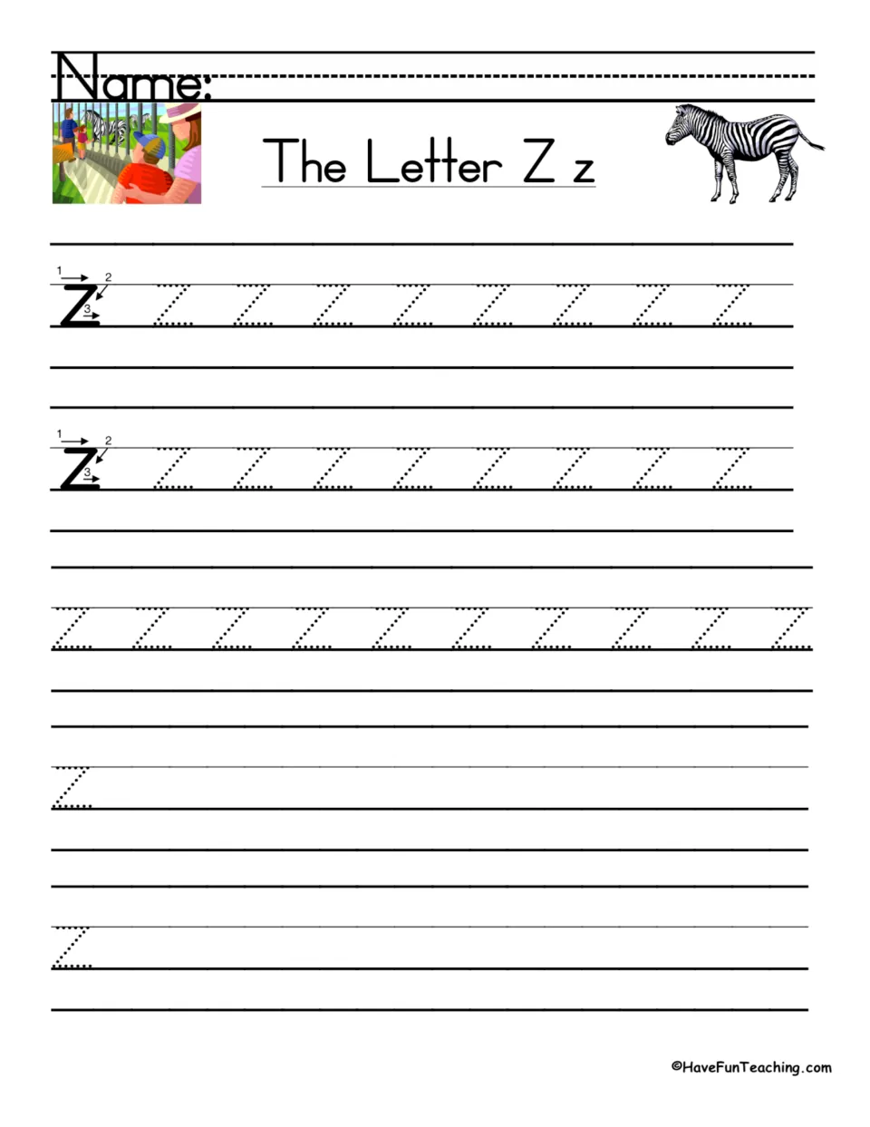 Lowercase z handwriting practice with numbered stroke directions, repeated tracing, and independent writing.