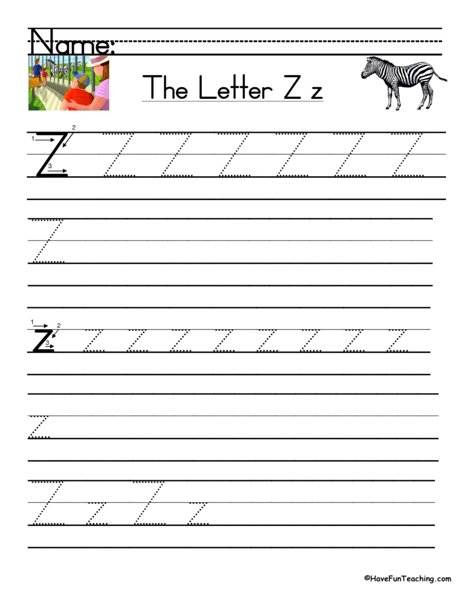 Combined uppercase Z and lowercase z handwriting practice with stroke directions, tracing, and independent writing.
