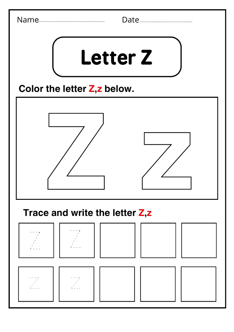 Letter Z: students color a large outlined Z and z, then trace dotted Z and z and write their own beside them