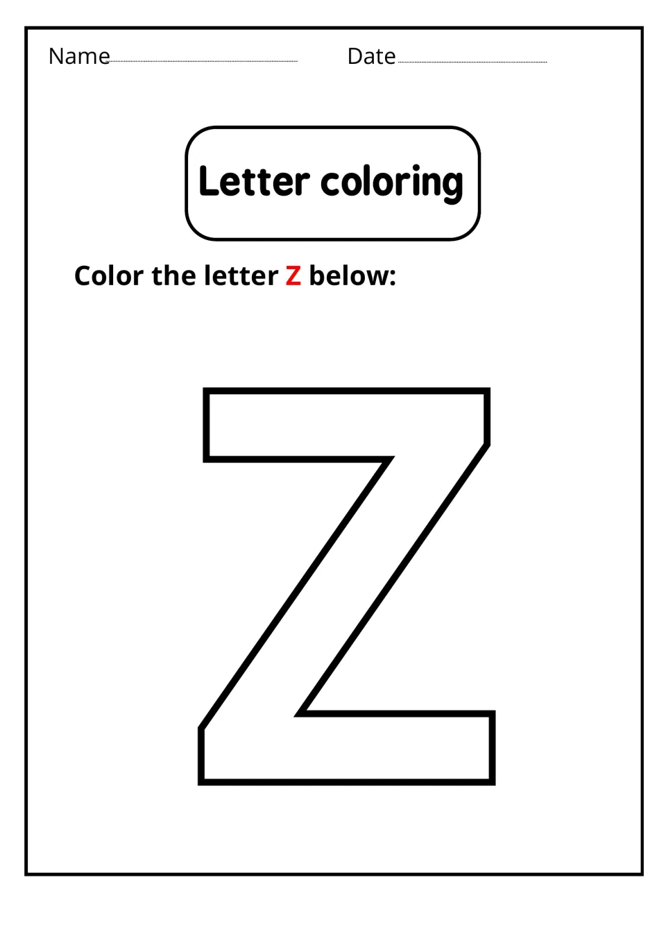 Letter coloring: students color one large outlined uppercase Z to practise recognizing the capital letter's shape