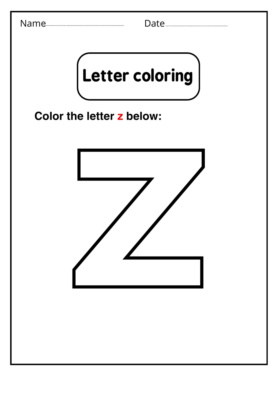 Letter coloring: students color one large outlined lowercase z to practise recognizing the small letter's shape