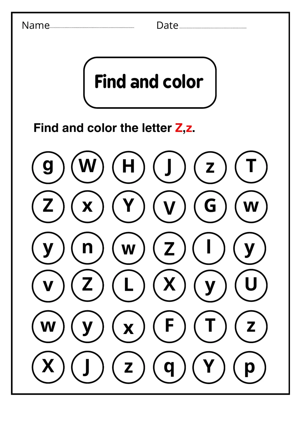 Find and color: students scan 36 circled mixed letters and color each uppercase Z and lowercase z for letter recognition