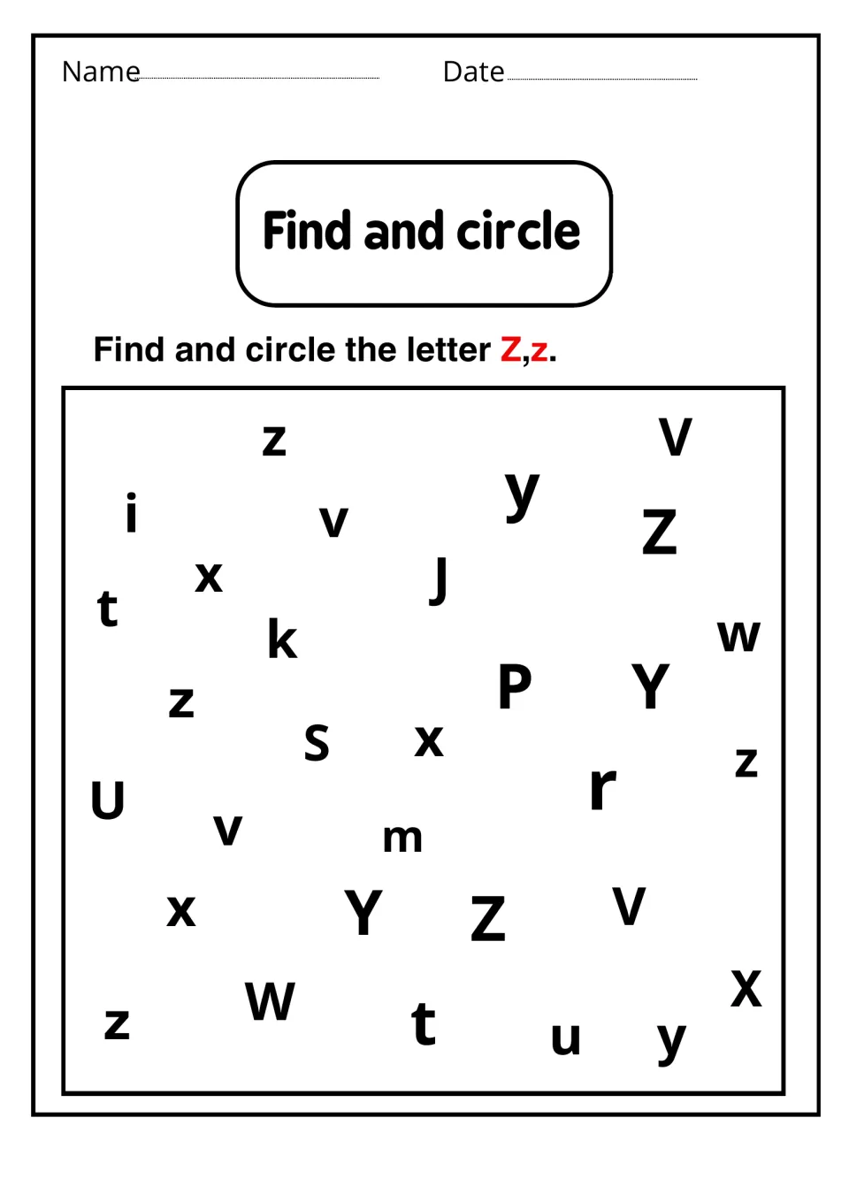 Find and circle: students search scattered letters such as x, v, y and W and circle every Z and z they find