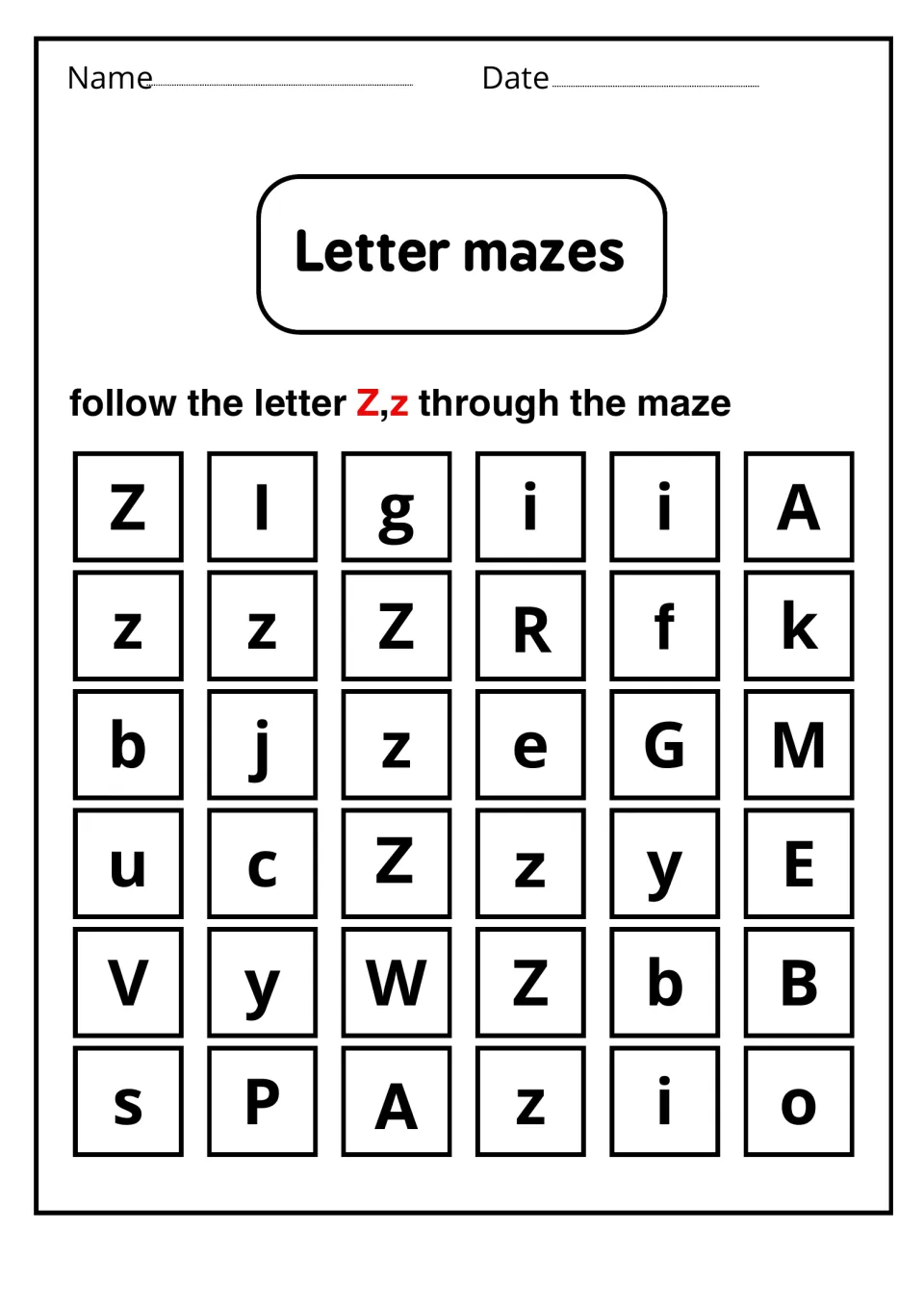 Letter mazes: students follow a path of Z and z tiles from top to bottom, telling Z apart from look-alikes