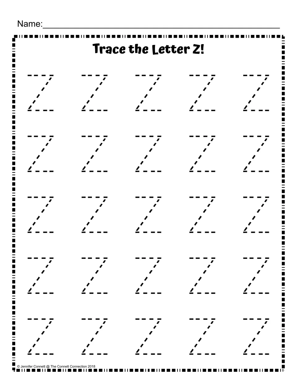 Trace the Letter Z: students trace 25 dashed uppercase Z letters in five rows to practise forming capital Z