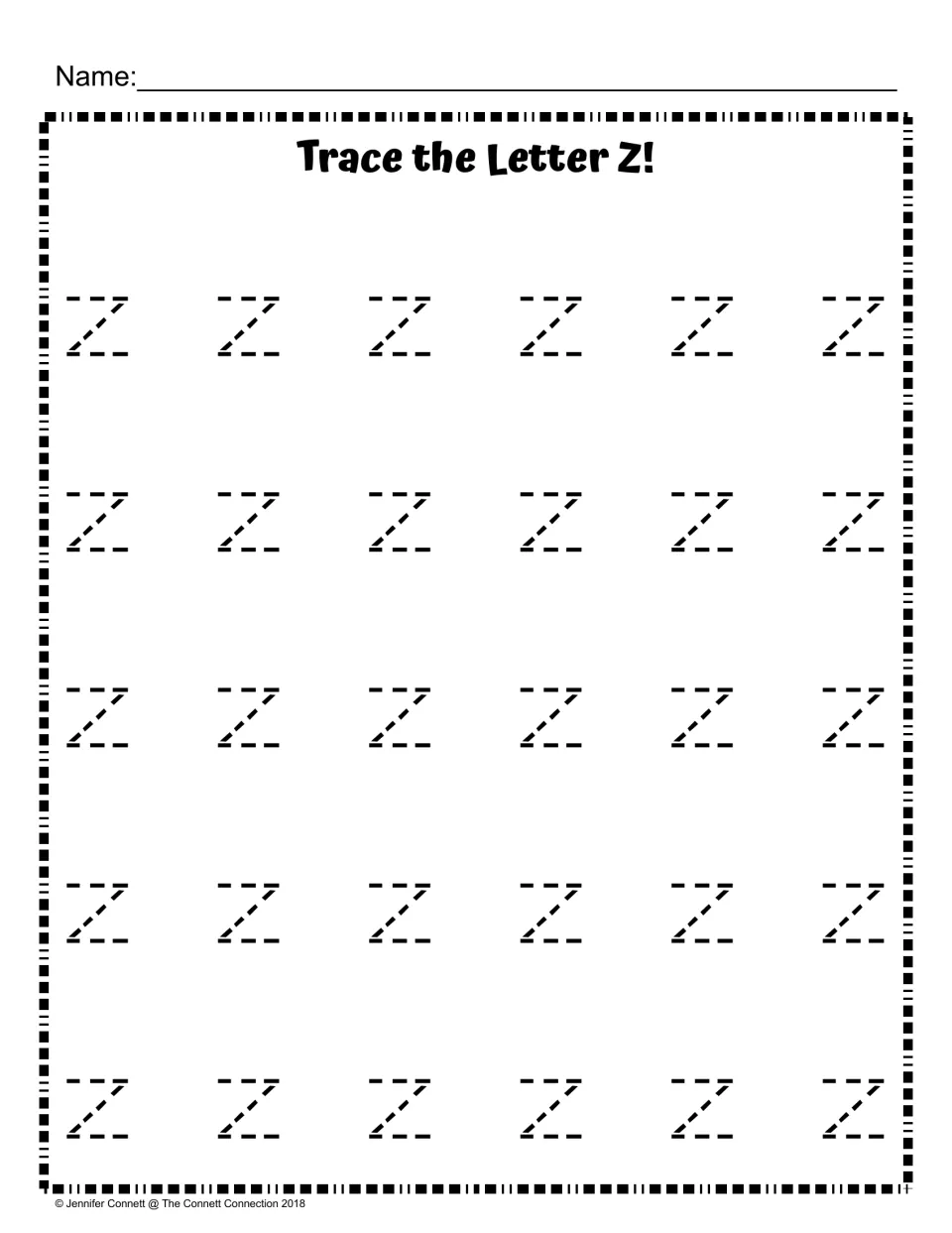 Lowercase z tracing: students trace 30 dashed lowercase z letters in five rows of six to practise small letter formation