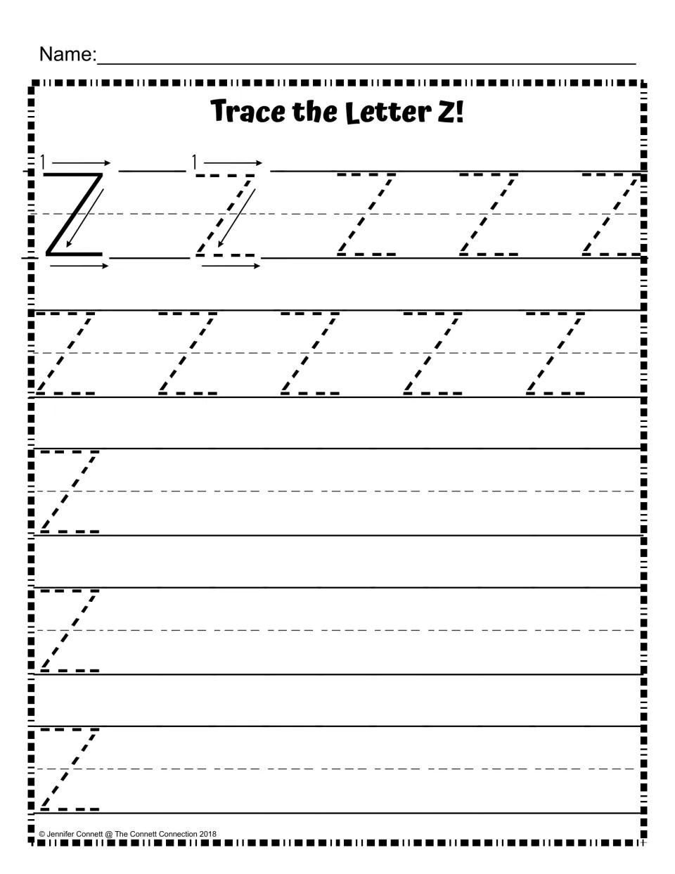 Capital Z handwriting: a model Z with numbered stroke arrows, then dashed Z letters to trace and rows to write Z alone