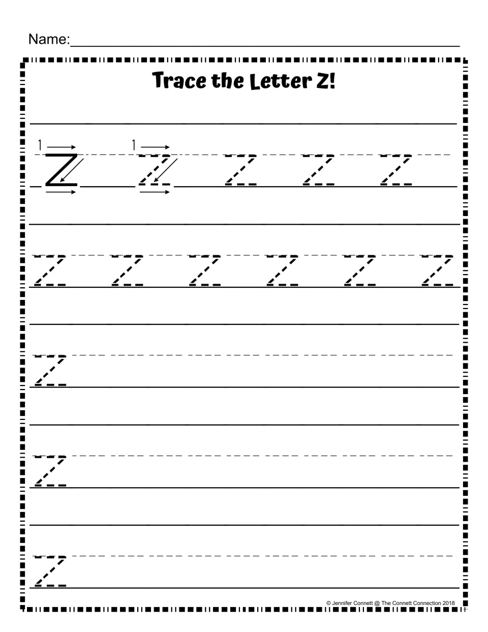 Lowercase z on handwriting lines: stroke-order model with arrows, dashed z letters to trace, then rows to write z freely