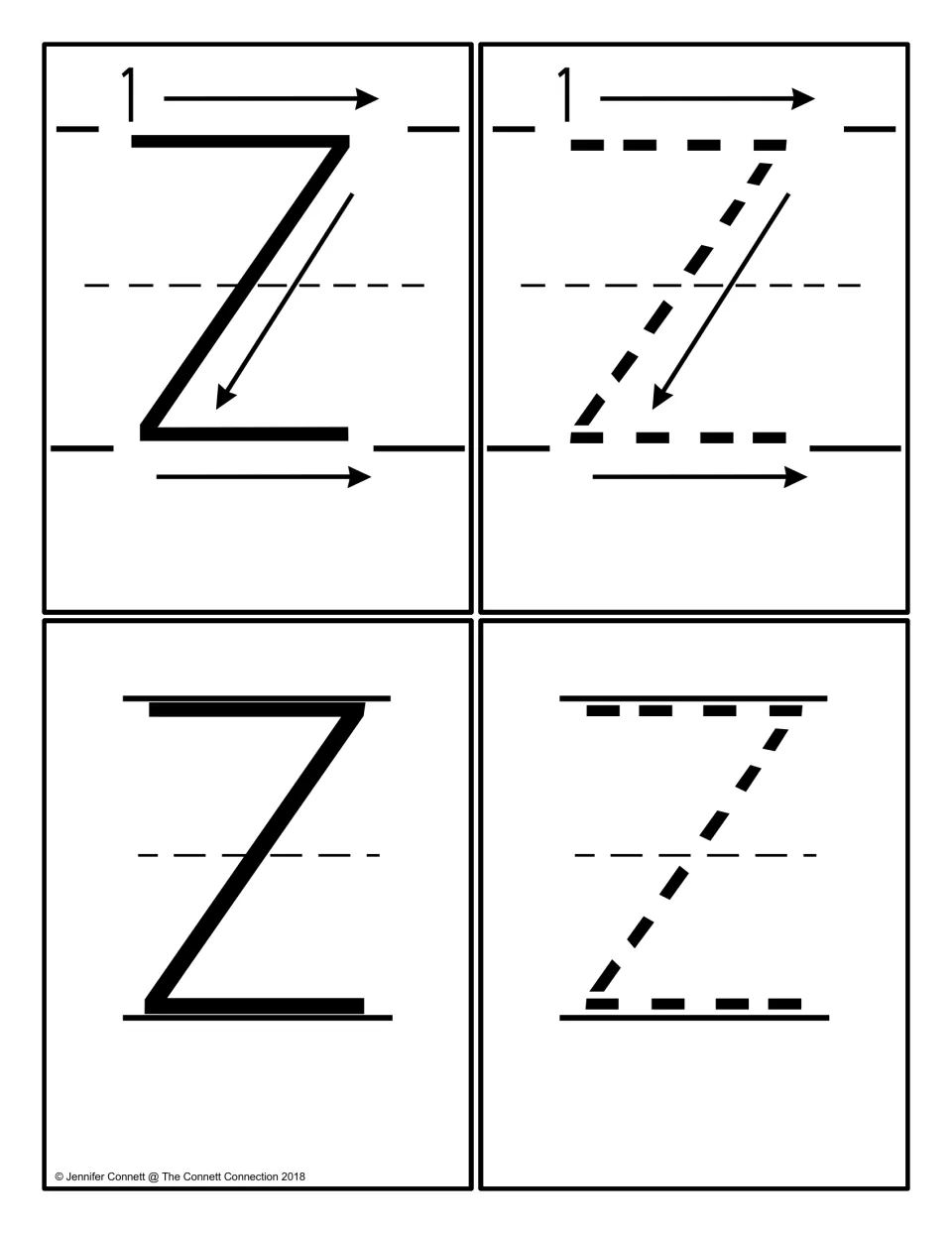 Uppercase Z letter cards: four cards showing a solid and a dashed Z, two with numbered arrows showing stroke direction