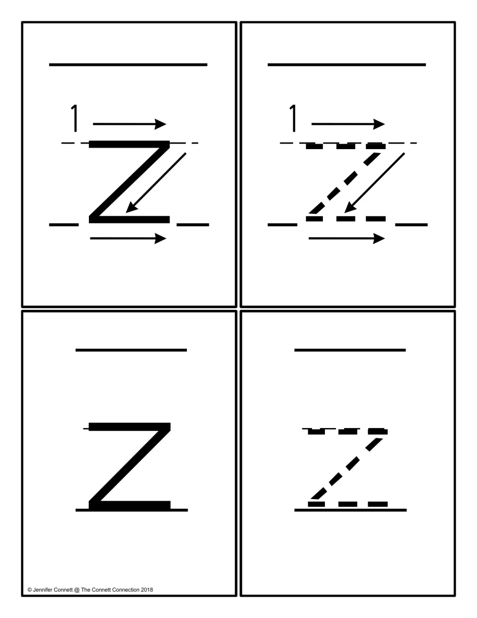 Lowercase z letter cards: four cards with solid and dashed z on handwriting lines, two marked with stroke-order arrows