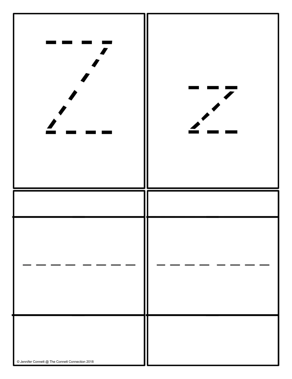 Z and z tracing cards: dashed uppercase Z and lowercase z cards, plus two blank handwriting-line cards for writing