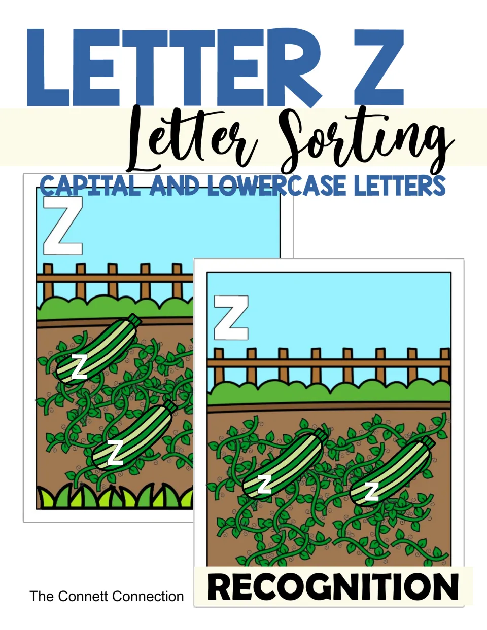 Letter Z sorting cover: capital and lowercase letter recognition with zucchini cards on two garden mats for Z and z