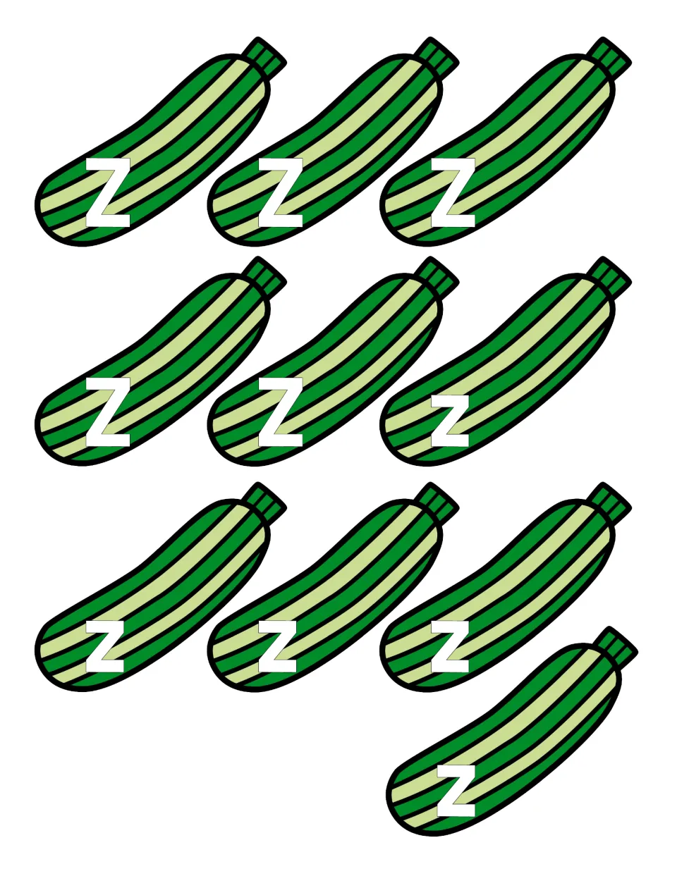 Zucchini letter cards: students cut out 10 zucchinis, five marked capital Z and five lowercase z, to sort by letter case