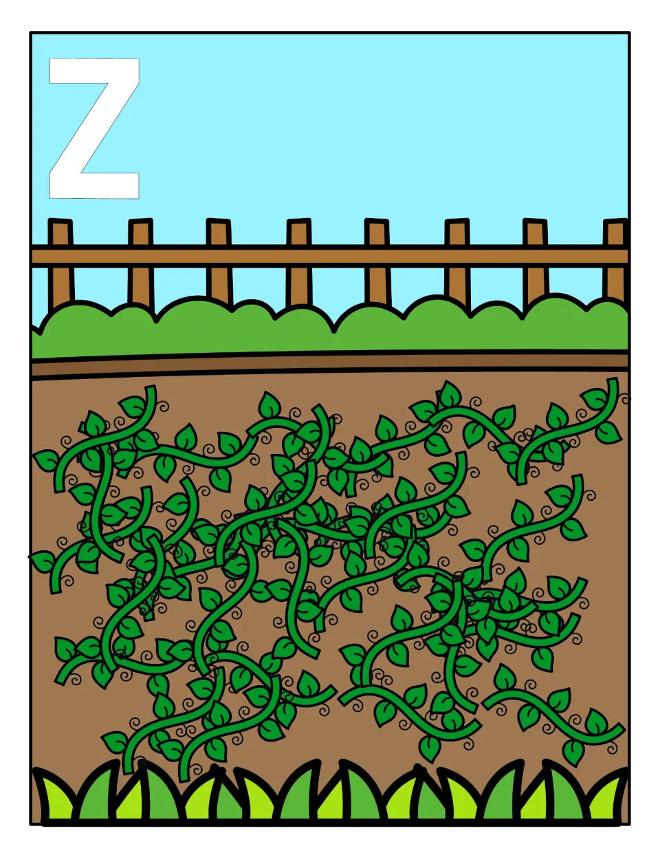 Capital Z sorting mat: a vegetable garden scene marked Z where students place the zucchini cards showing uppercase Z