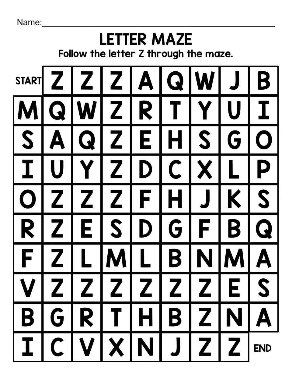 Uppercase Z letter maze: students follow the Z path from START to END through a large set of mixed capital letters