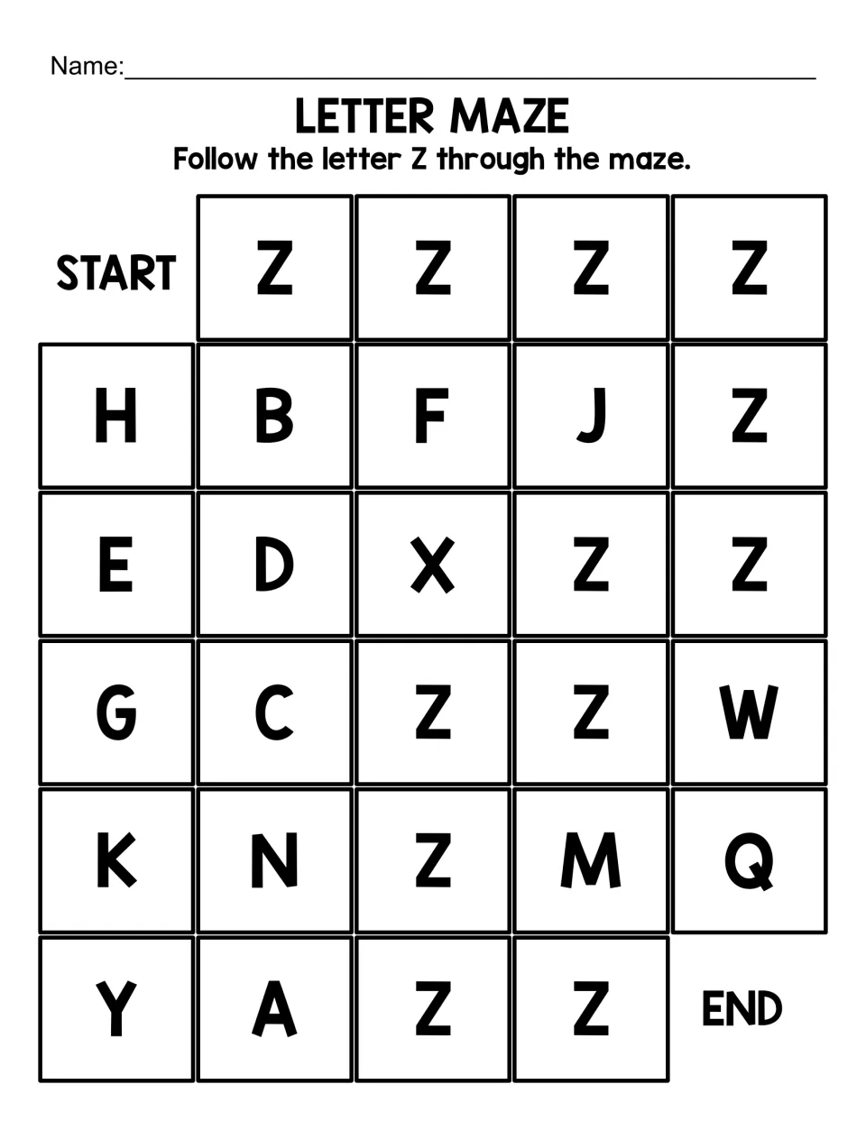 Easier uppercase letter maze: students trace a path of capital Z letters from START to END among a few large letters