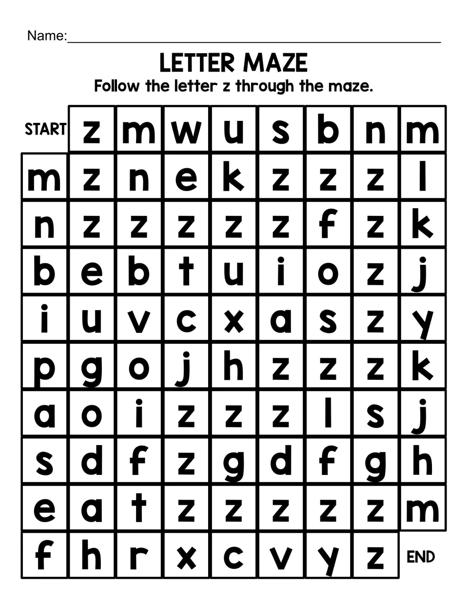 Lowercase z letter maze: students follow the z path from START to END, picking it out from many other small letters