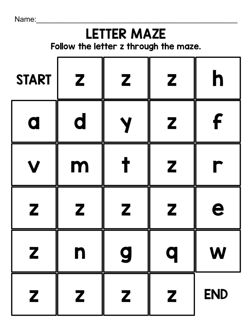 Easier lowercase maze: students trace a path of z letters from START to END among a few large letters like a, m, g and q