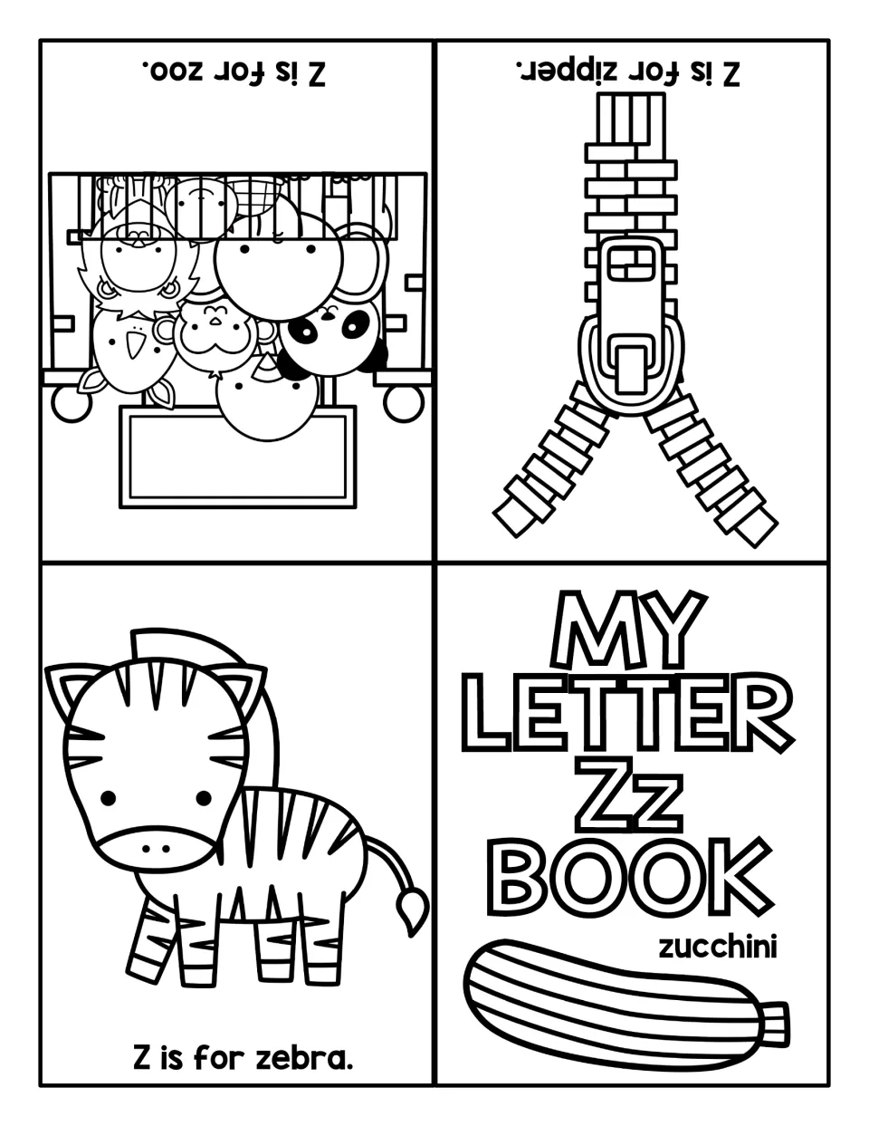 Letter Zz coloring mini book: students color a zucchini, zebra, zipper and zoo and read Z is for sentences