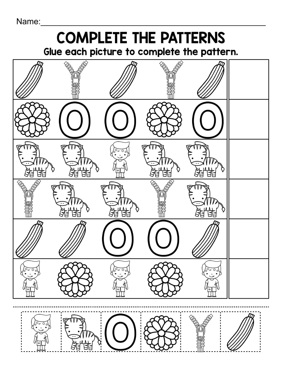 Complete the patterns: students glue a Z picture (zebra, zipper, zinnia, zero, zucchini, boy) to finish each of 6 rows