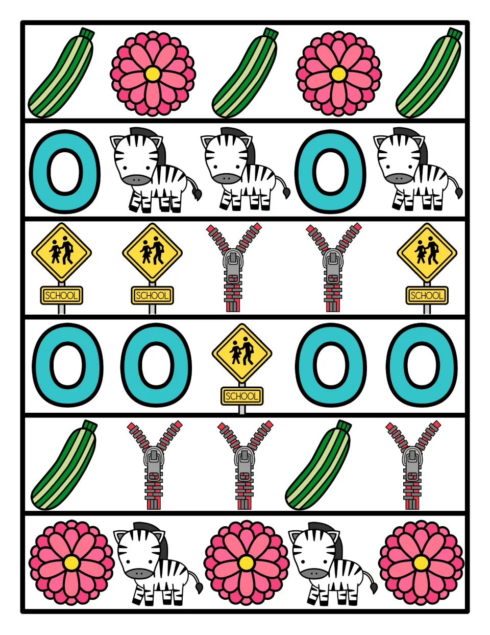 Color picture patterns in AB, ABB, AABB and AAB order using zucchini, zinnia, zero, zebra, zipper and school zone signs