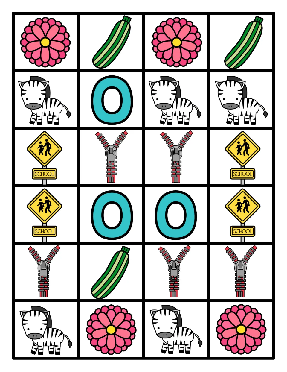 Six rows of four Z pictures, such as zinnia and zucchini, zebra and zero, and school zone sign and zipper, for patterning