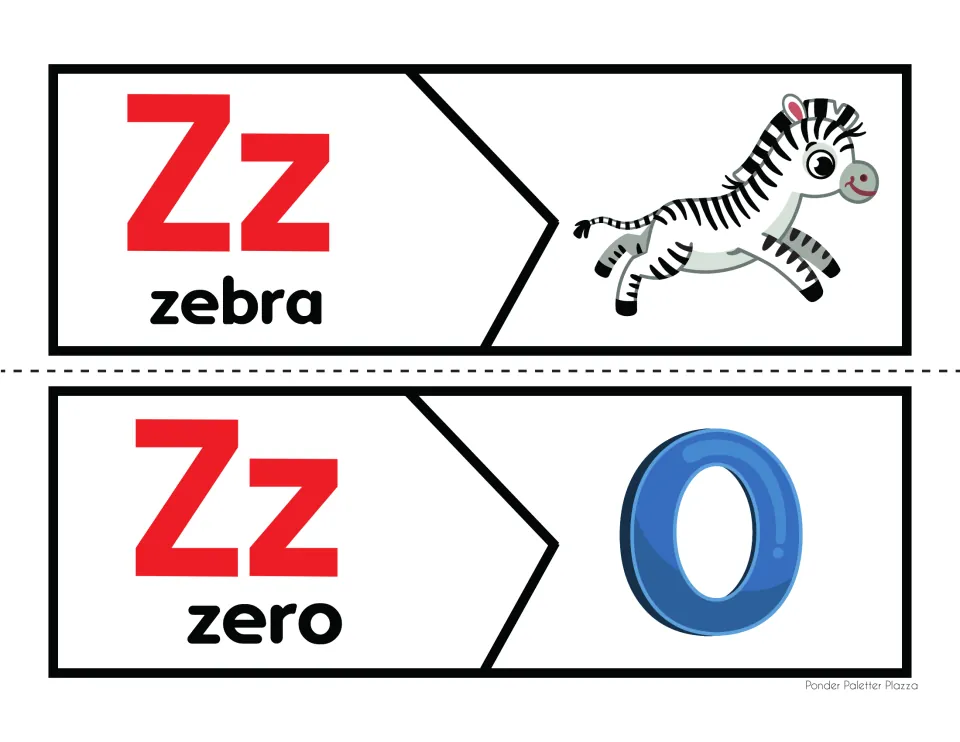 Letter Z beginning sound puzzles: students match each Zz word half to its picture half for zebra and zero