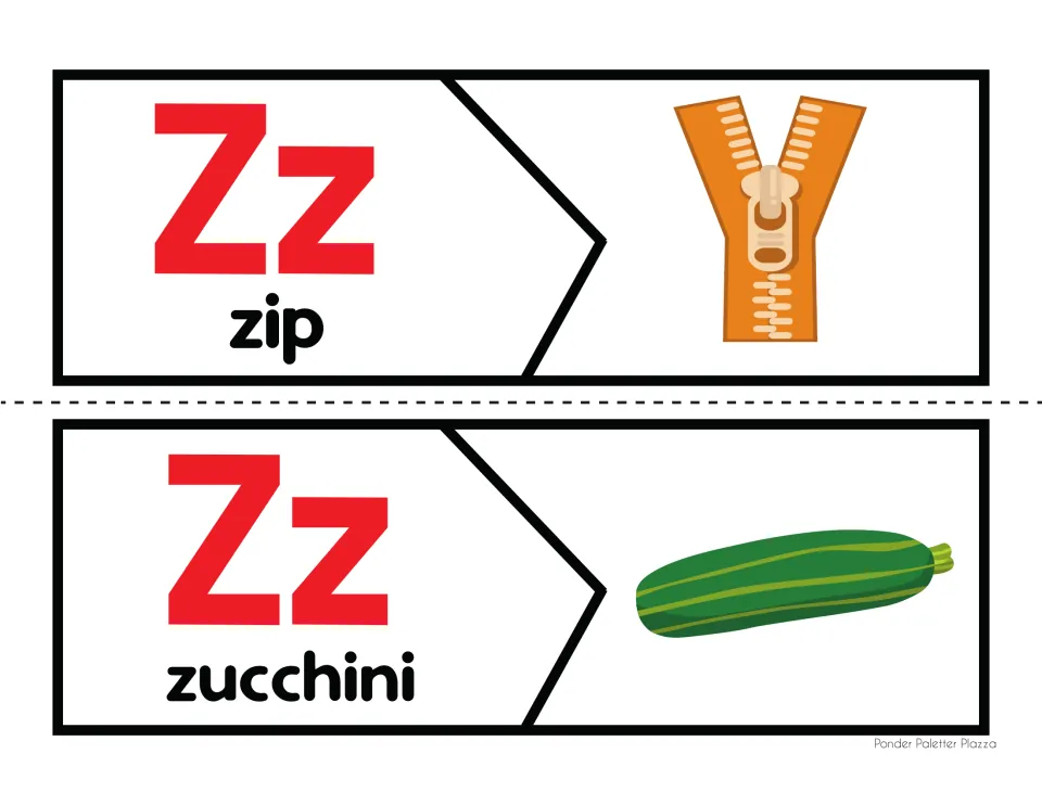 Zz picture puzzles for zip and zucchini: students join each letter-and-word piece to the zipper or zucchini picture