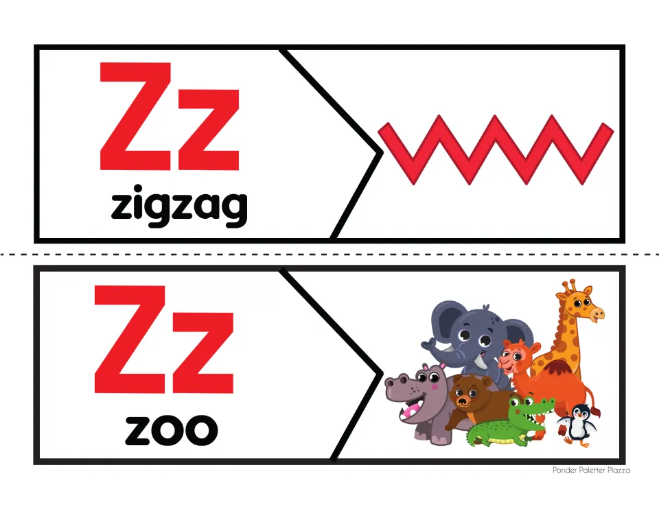 Zz beginning sound puzzles for zigzag and zoo: students connect each word piece to a red zigzag or a group of zoo animals