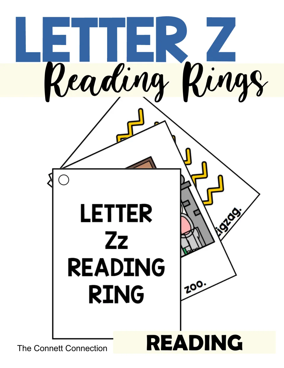 Letter Z Reading Rings cover showing fanned picture cards, including a Zz title card and zoo and zigzag word cards
