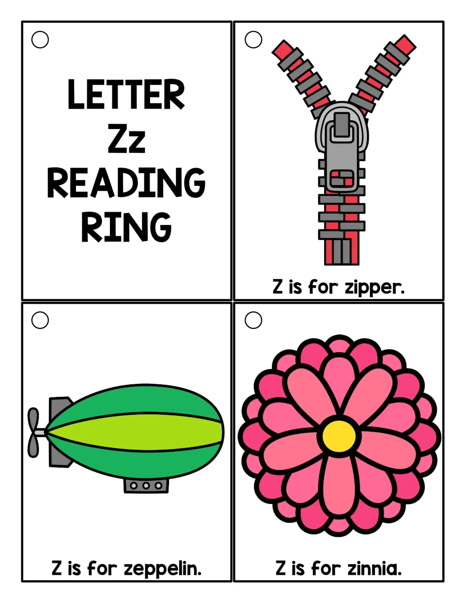 Color Zz ring cards: a title card plus zipper, zeppelin and zinnia pictures, each with a Z is for sentence to read