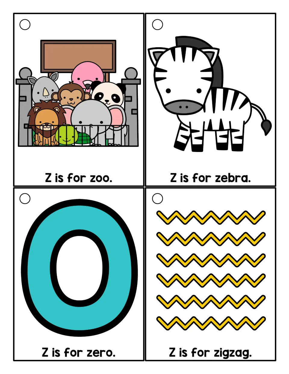 Color Z sound cards: zoo, zebra, zero and zigzag pictures, each labeled Z is for, so students read and hear initial z