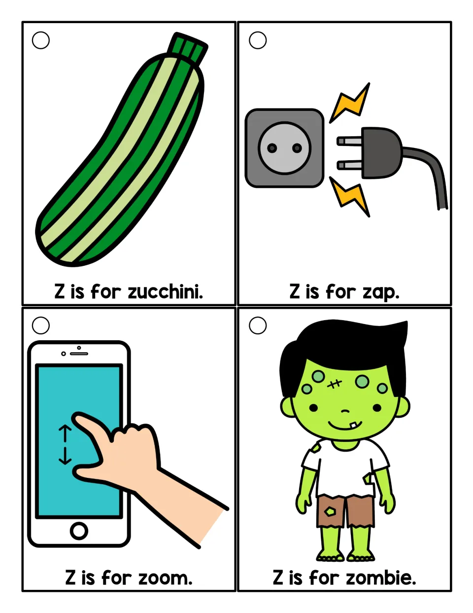 Color z-word cards: zucchini, zap, zoom and zombie pictures with Z is for sentences to read and link to the z sound