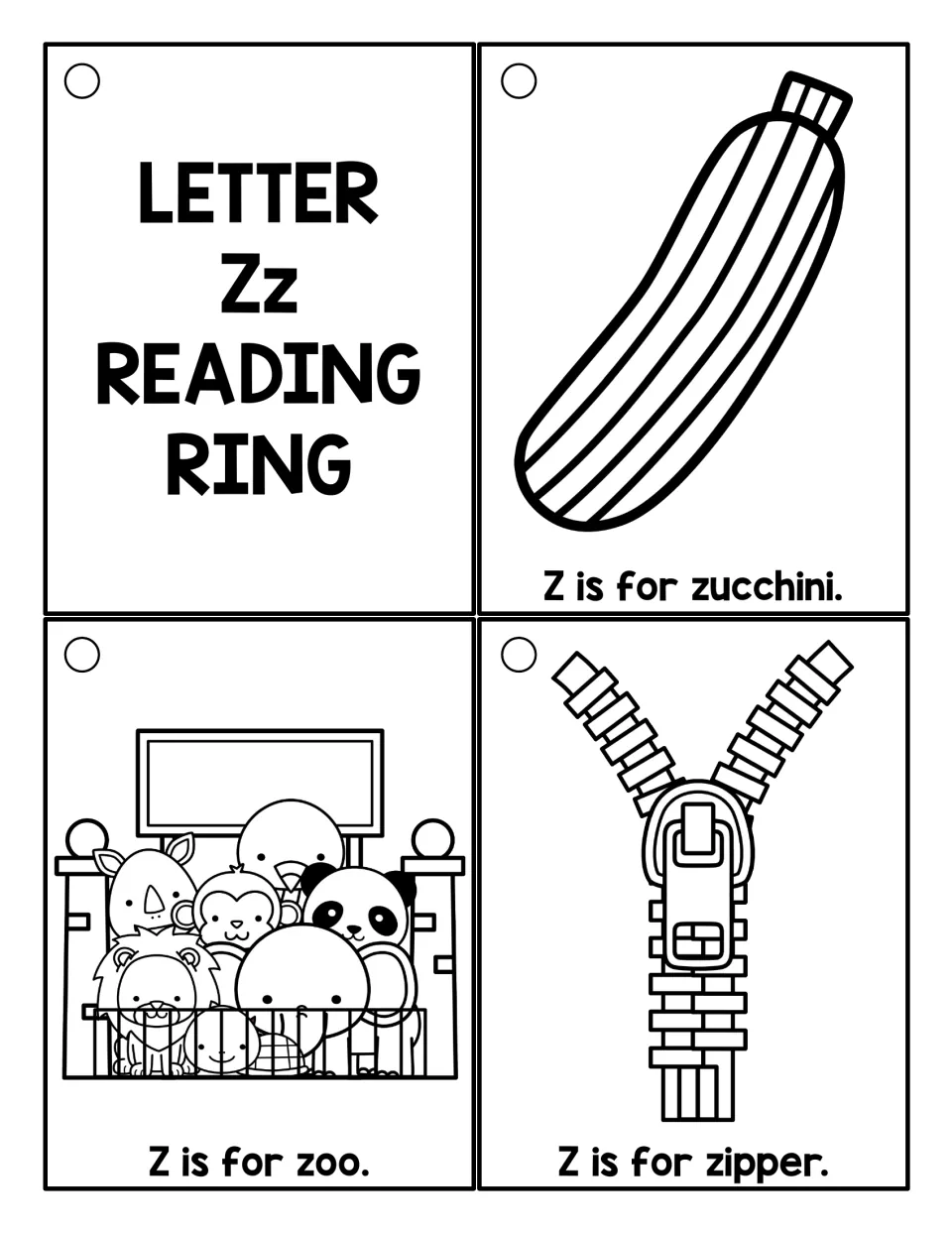 Black-and-white Zz ring cards: title card plus zucchini, zoo and zipper outlines with Z is for sentences to color