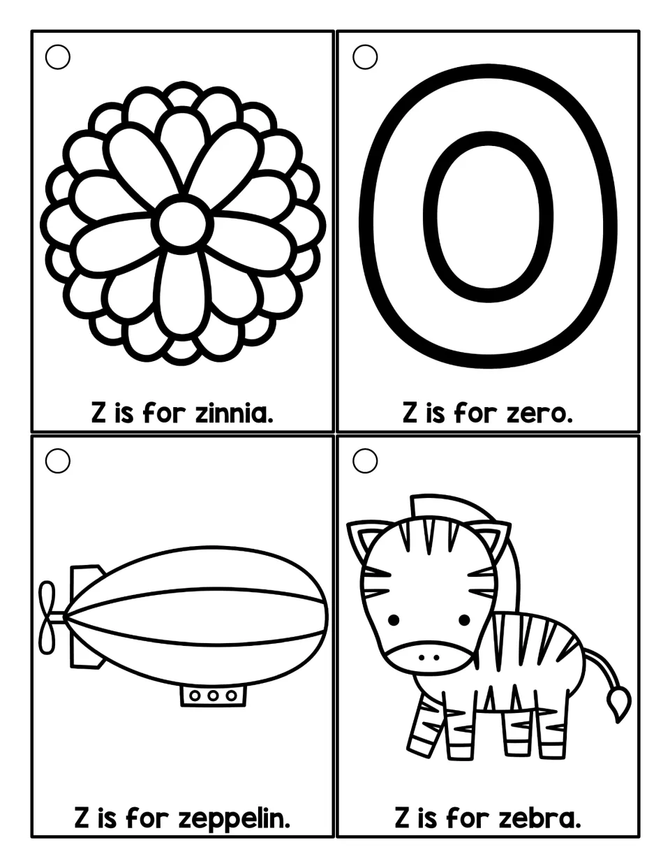 Coloring cards for Z: zinnia, zero, zeppelin and zebra line drawings, each with a Z is for sentence to read aloud