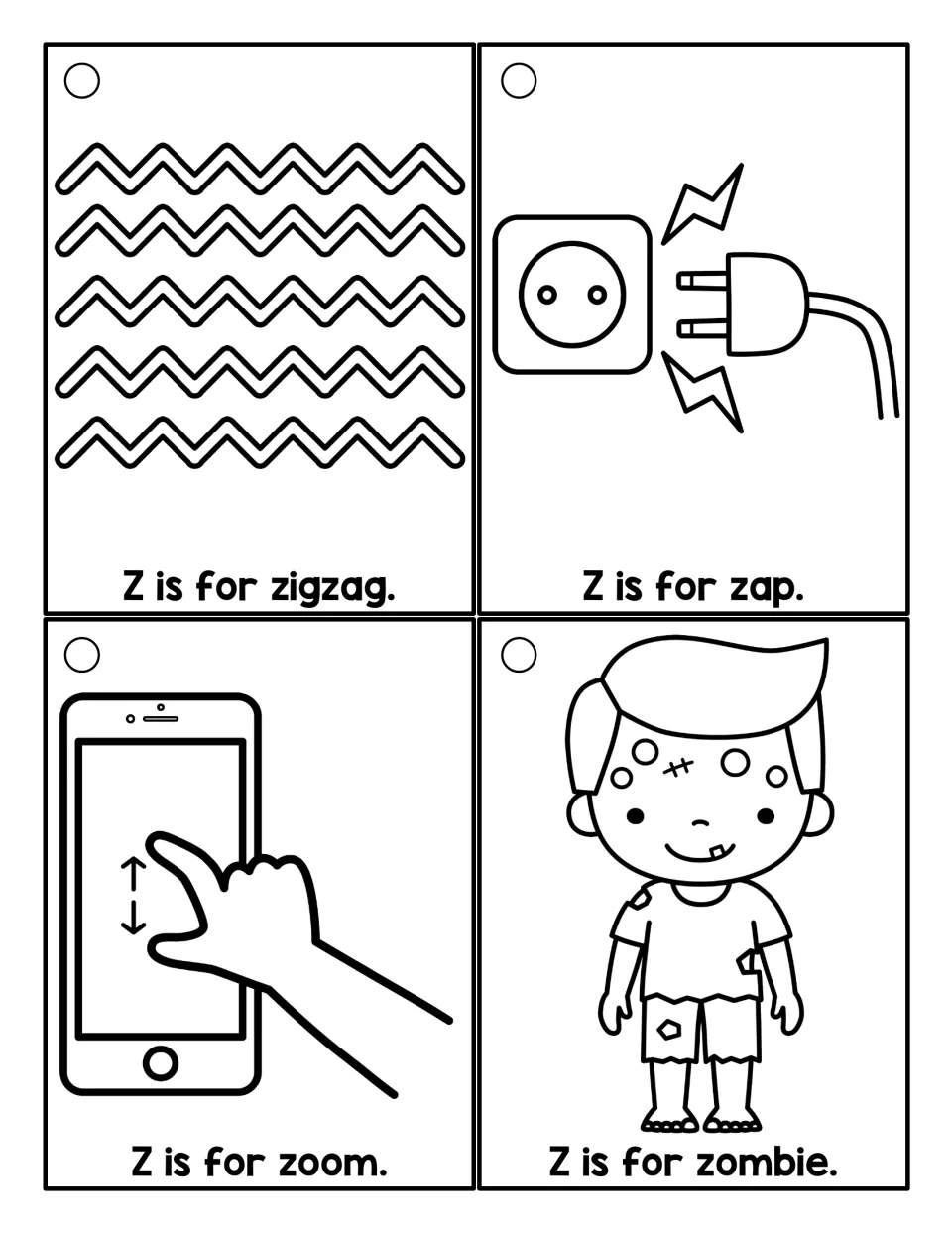 Outline z-word cards: zigzag, zap, zoom and zombie drawings to color, with Z is for sentences for initial z practice