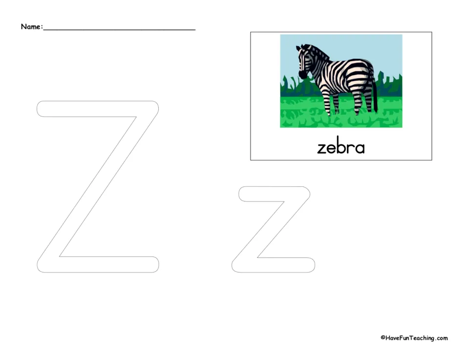 Letter Z formation: students trace a large outlined capital Z and lowercase z beside a zebra picture labeled zebra
