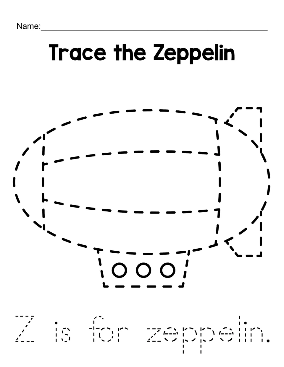 Trace the Zeppelin: students trace a dashed airship outline, then trace the sentence Z is for zeppelin for letter Z practice
